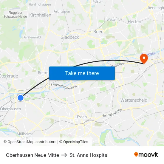 Oberhausen Neue Mitte to St. Anna Hospital map
