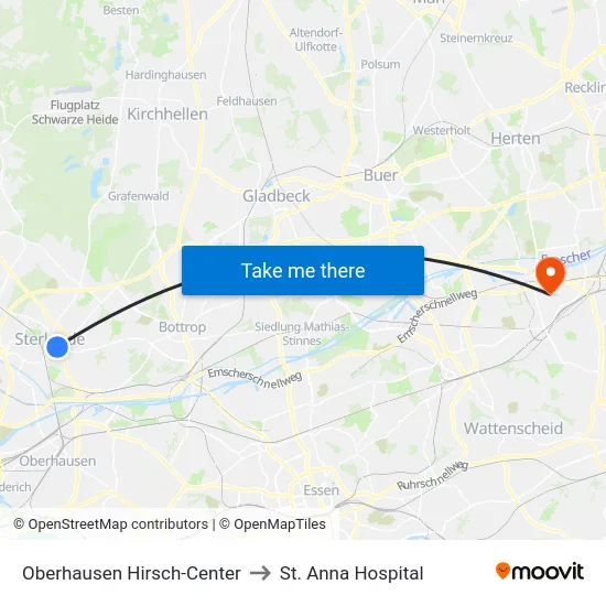 Oberhausen Hirsch-Center to St. Anna Hospital map