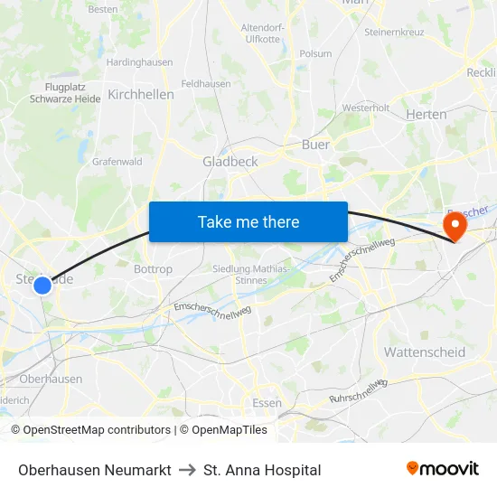 Oberhausen Neumarkt to St. Anna Hospital map