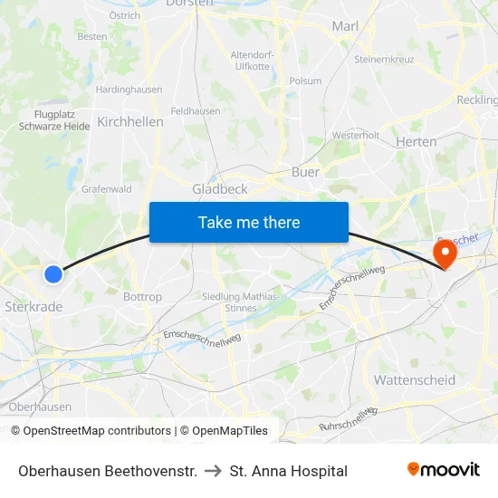Oberhausen Beethovenstr. to St. Anna Hospital map
