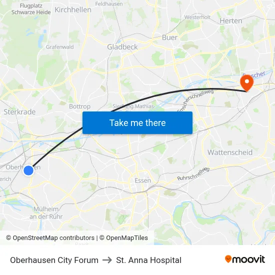 Oberhausen City Forum to St. Anna Hospital map
