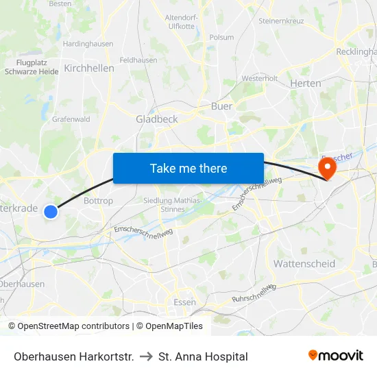 Oberhausen Harkortstr. to St. Anna Hospital map