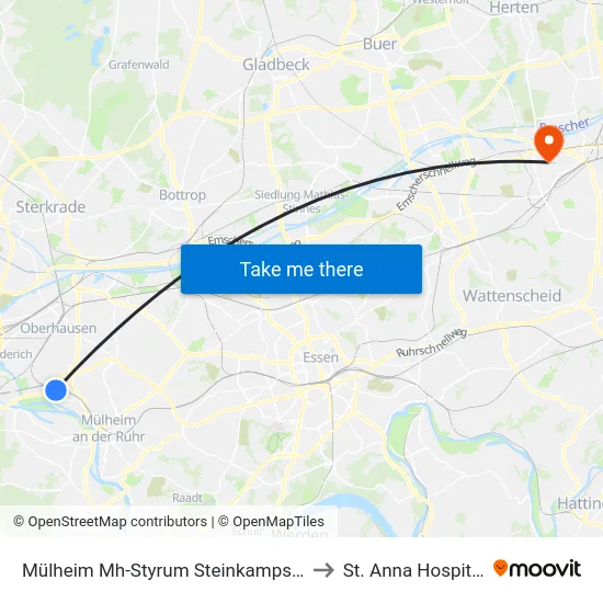Mülheim Mh-Styrum Steinkampstr. to St. Anna Hospital map