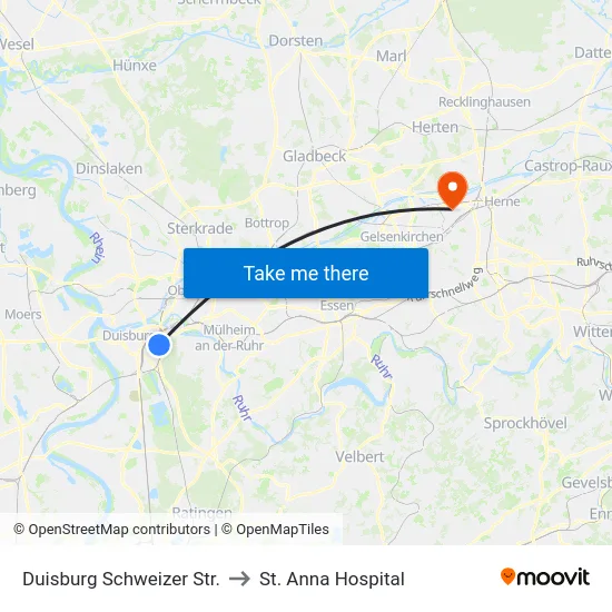 Duisburg Schweizer Str. to St. Anna Hospital map