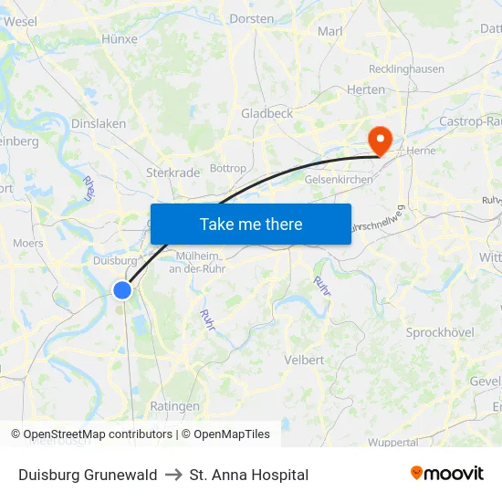 Duisburg Grunewald to St. Anna Hospital map
