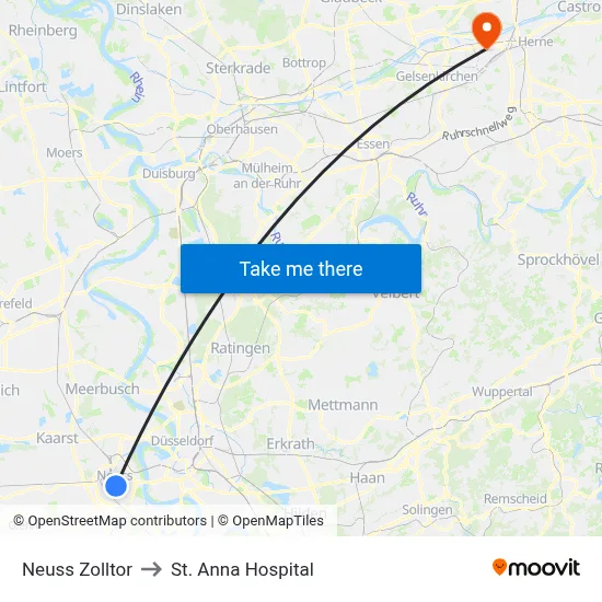Neuss Zolltor to St. Anna Hospital map