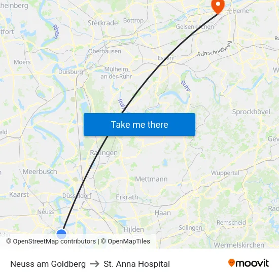 Neuss am Goldberg to St. Anna Hospital map