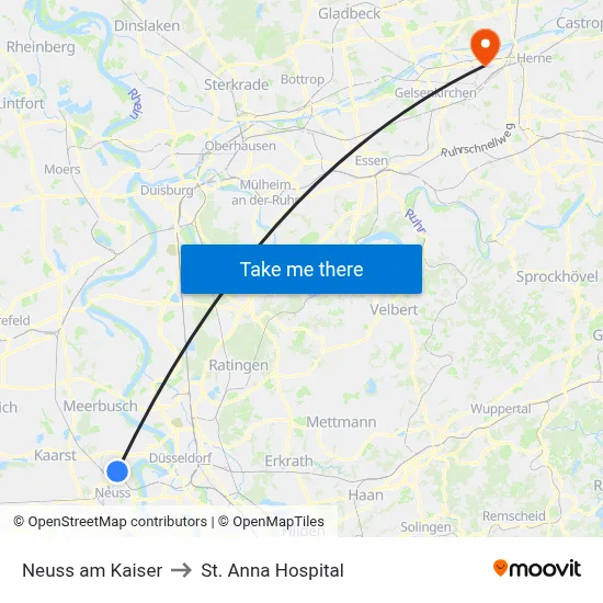 Neuss am Kaiser to St. Anna Hospital map