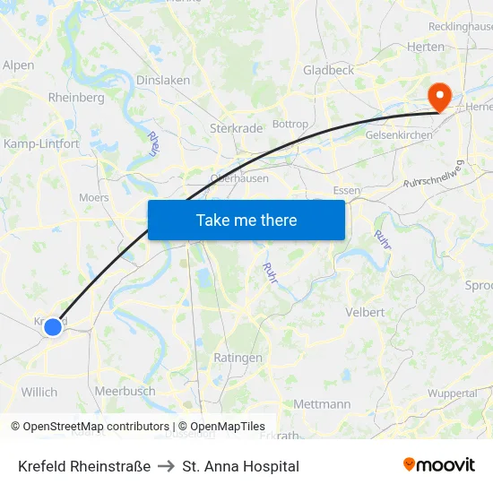 Krefeld Rheinstraße to St. Anna Hospital map