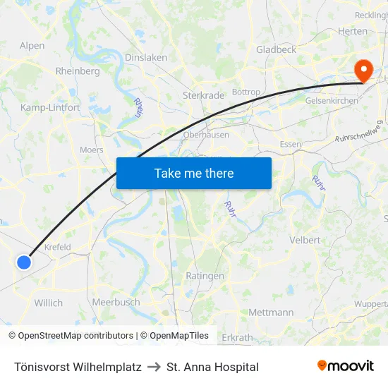 Tönisvorst Wilhelmplatz to St. Anna Hospital map