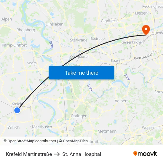 Krefeld Martinstraße to St. Anna Hospital map