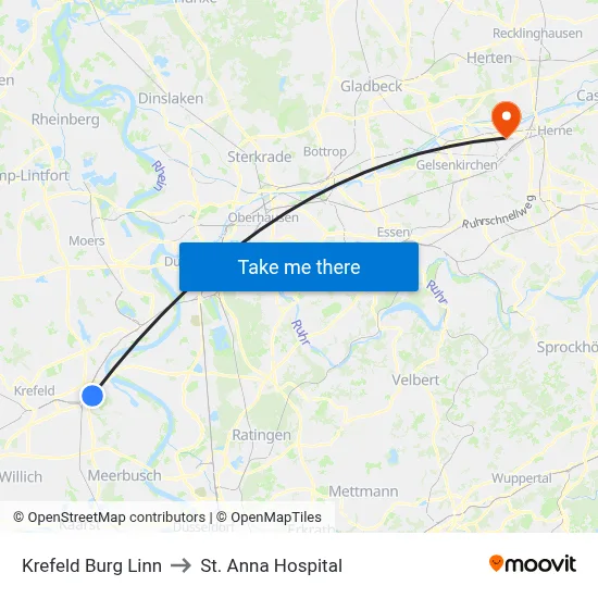 Krefeld Burg Linn to St. Anna Hospital map