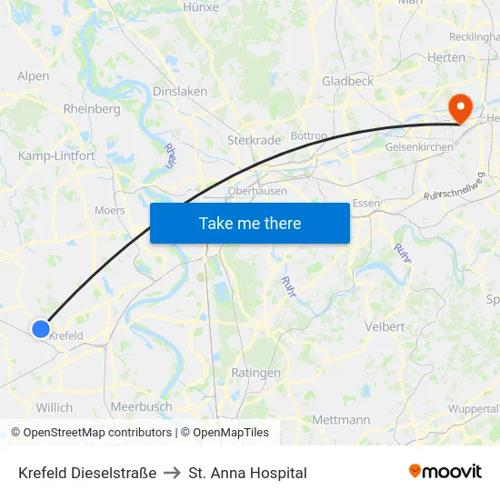 Krefeld Dieselstraße to St. Anna Hospital map