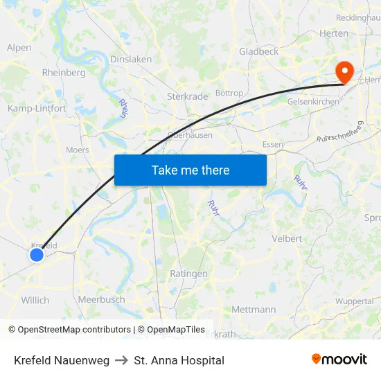 Krefeld Nauenweg to St. Anna Hospital map