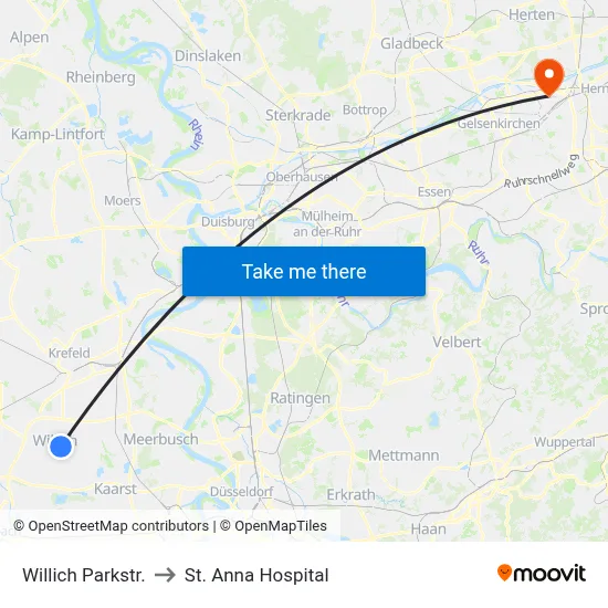 Willich Parkstr. to St. Anna Hospital map