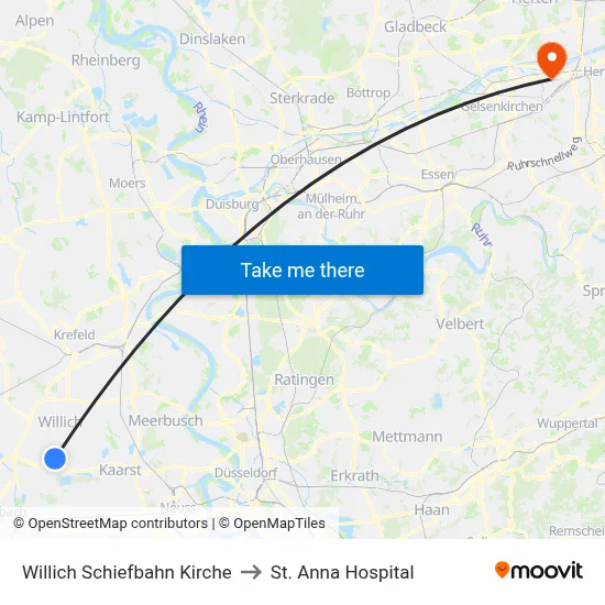 Willich Schiefbahn Kirche to St. Anna Hospital map