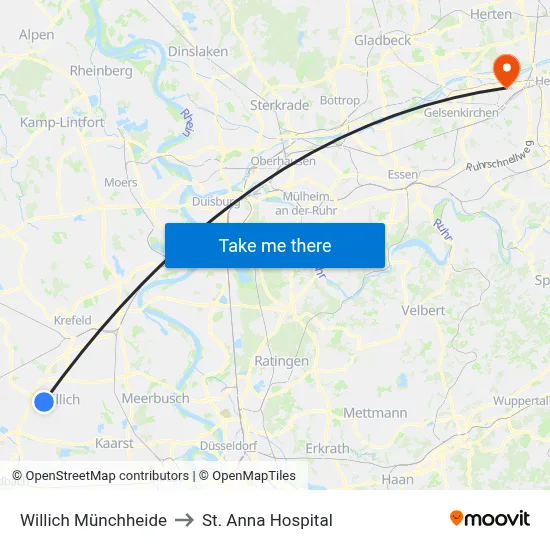 Willich Münchheide to St. Anna Hospital map