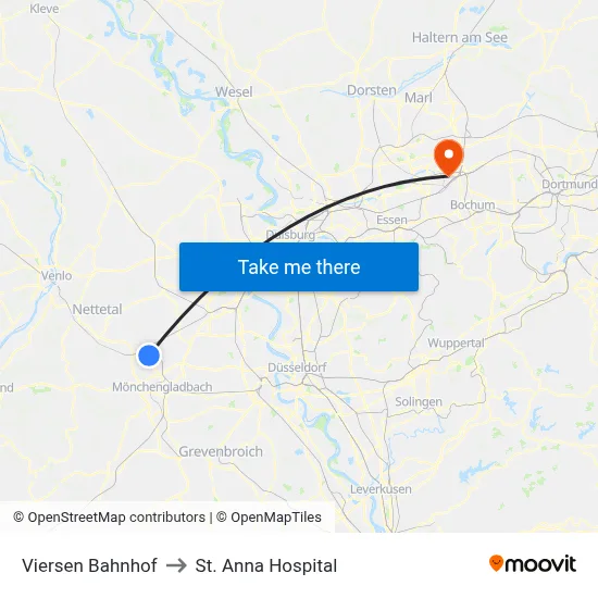 Viersen Bahnhof to St. Anna Hospital map