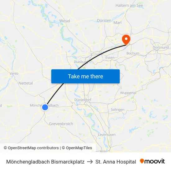 Mönchengladbach Bismarckplatz to St. Anna Hospital map