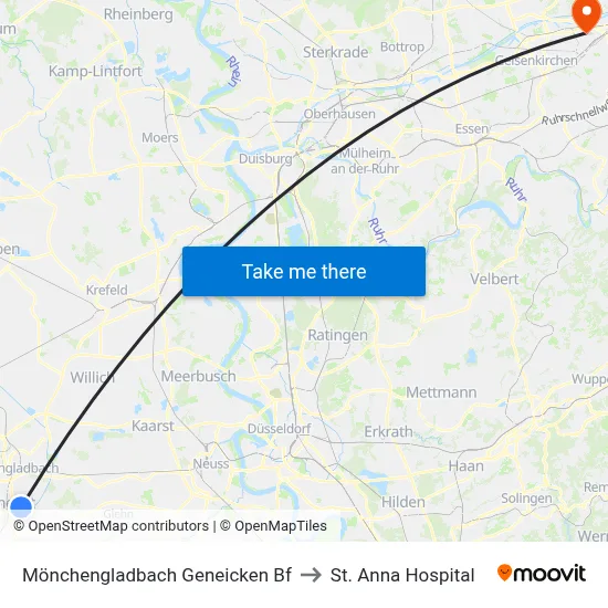 Mönchengladbach Geneicken Bf to St. Anna Hospital map