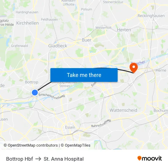 Bottrop Hbf to St. Anna Hospital map