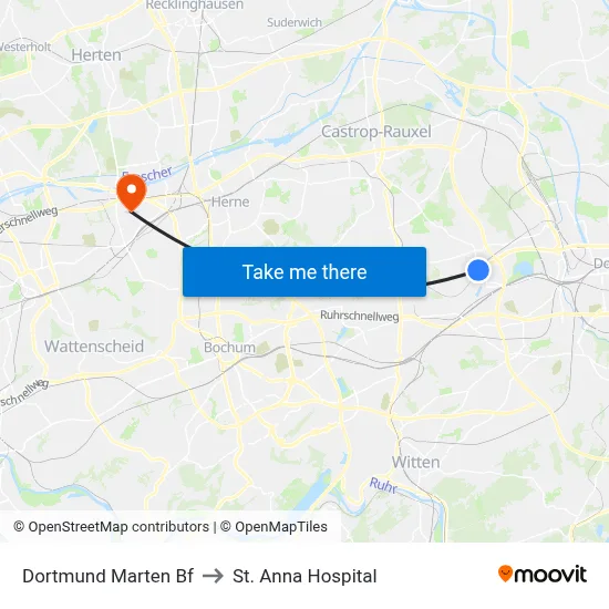 Dortmund Marten Bf to St. Anna Hospital map