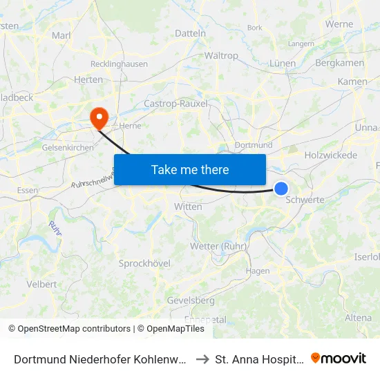 Dortmund Niederhofer Kohlenweg to St. Anna Hospital map
