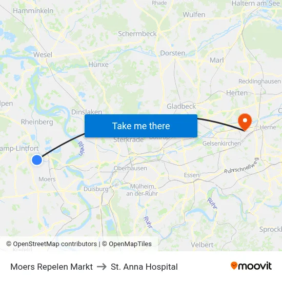 Moers Repelen Markt to St. Anna Hospital map