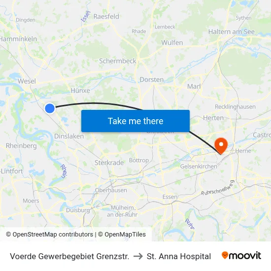 Voerde Gewerbegebiet Grenzstr. to St. Anna Hospital map