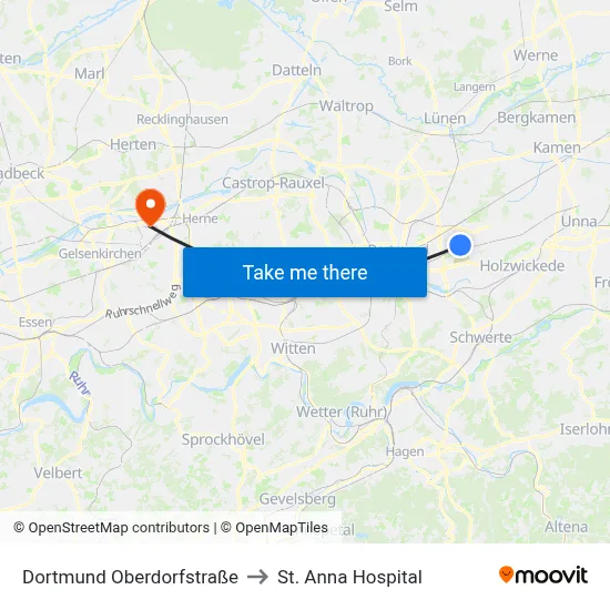 Dortmund Oberdorfstraße to St. Anna Hospital map