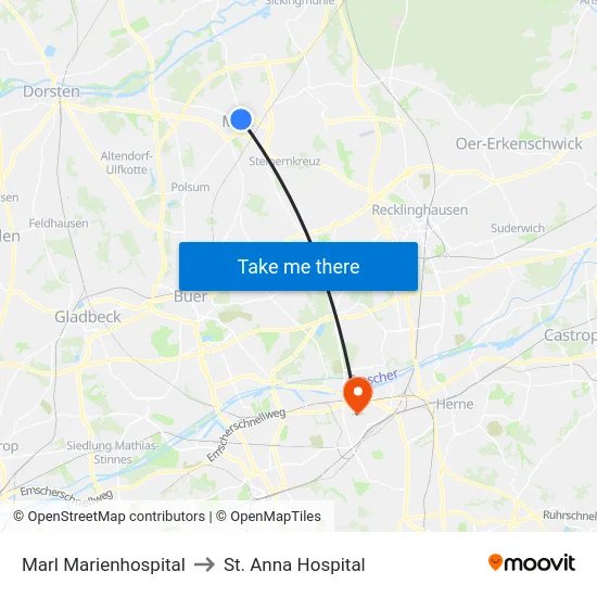 Marl Marienhospital to St. Anna Hospital map