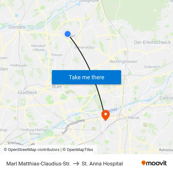 Marl Matthias-Claudius-Str. to St. Anna Hospital map