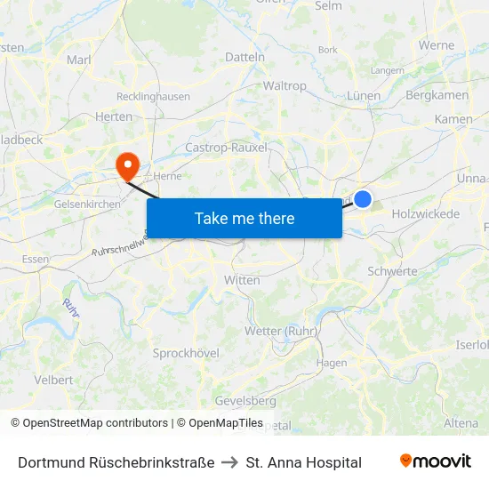 Dortmund Rüschebrinkstraße to St. Anna Hospital map