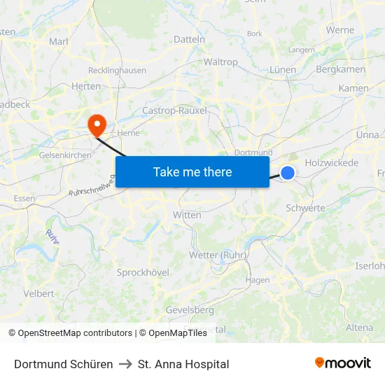 Dortmund Schüren to St. Anna Hospital map