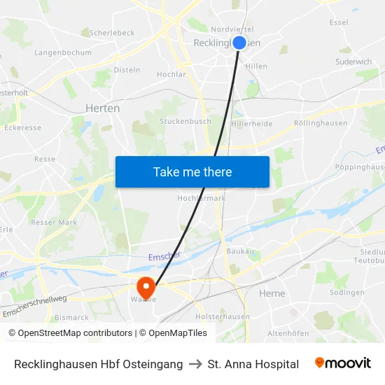 Recklinghausen Hbf Osteingang to St. Anna Hospital map