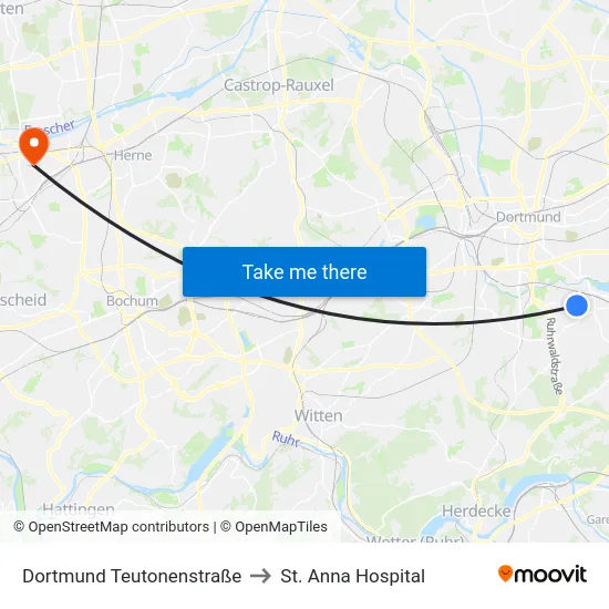 Dortmund Teutonenstraße to St. Anna Hospital map