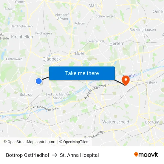 Bottrop Ostfriedhof to St. Anna Hospital map
