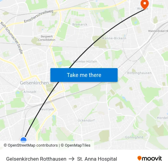 Gelsenkirchen Rotthausen to St. Anna Hospital map
