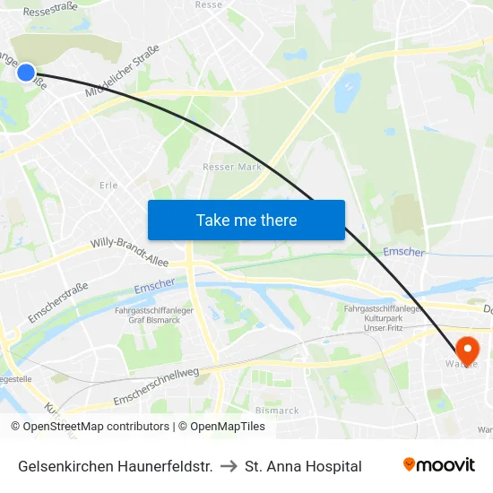 Gelsenkirchen Haunerfeldstr. to St. Anna Hospital map