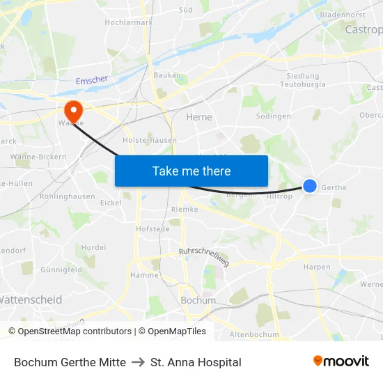 Bochum Gerthe Mitte to St. Anna Hospital map