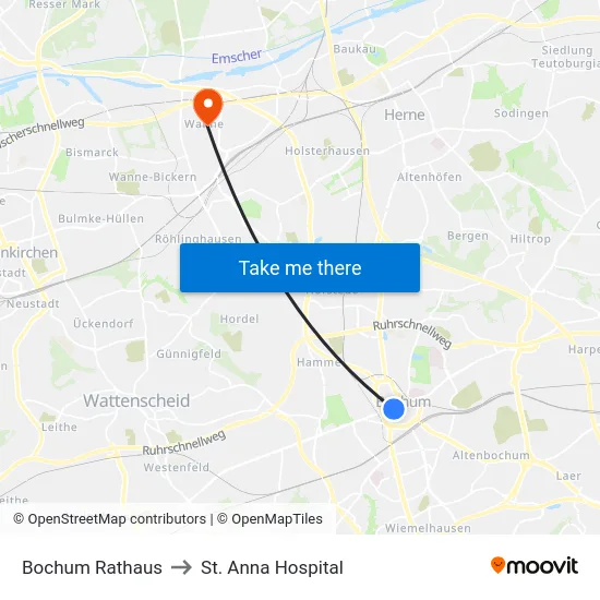 Bochum Rathaus to St. Anna Hospital map