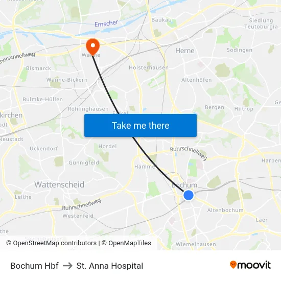 Bochum Hbf to St. Anna Hospital map