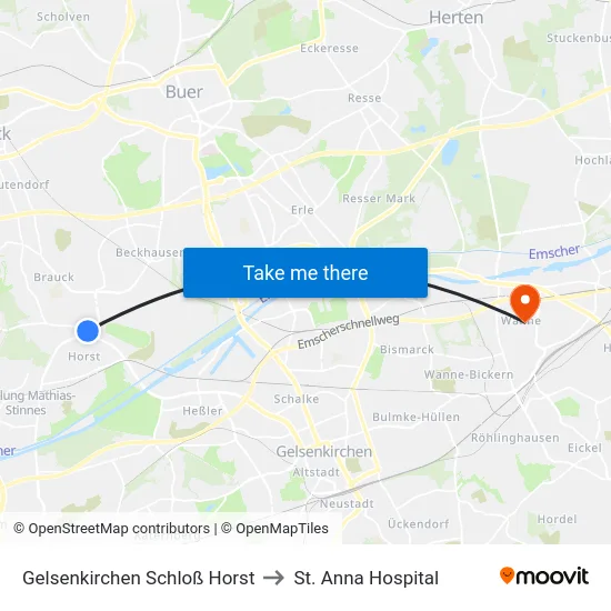 Gelsenkirchen Schloß Horst to St. Anna Hospital map