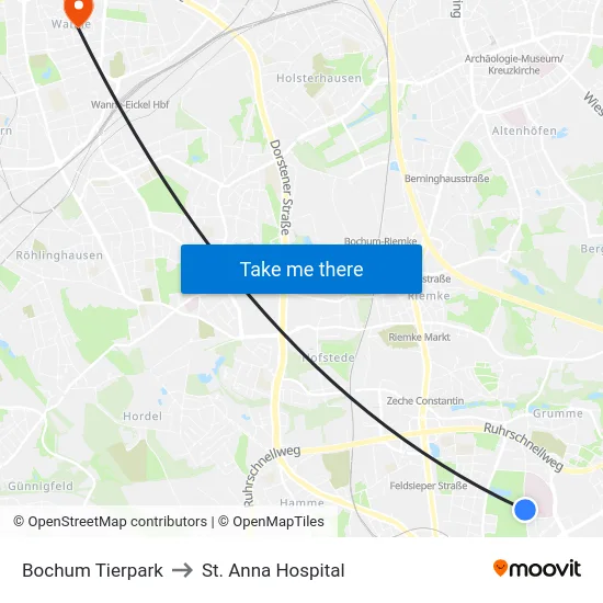 Bochum Tierpark to St. Anna Hospital map