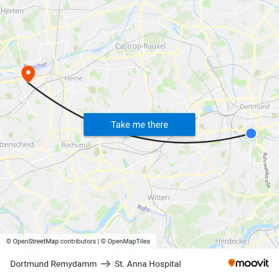 Dortmund Remydamm to St. Anna Hospital map