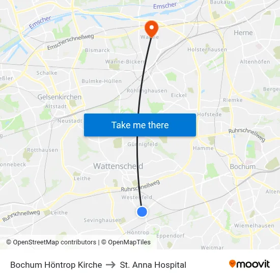 Bochum Höntrop Kirche to St. Anna Hospital map