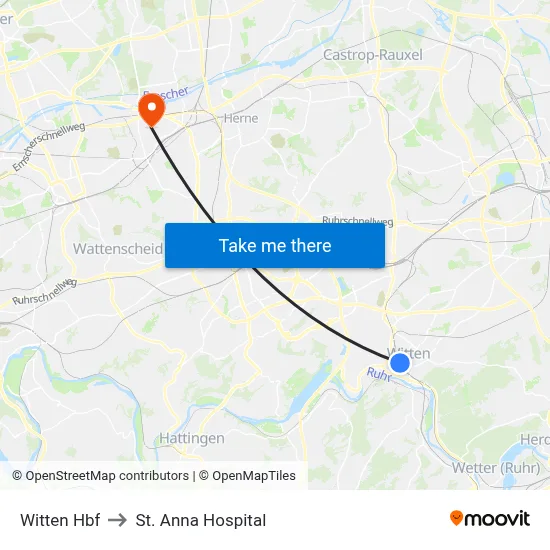 Witten Hbf to St. Anna Hospital map