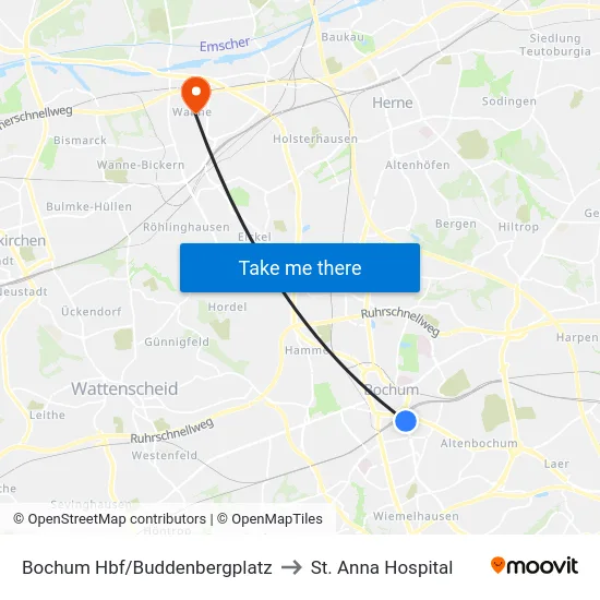 Bochum Hbf/Buddenbergplatz to St. Anna Hospital map