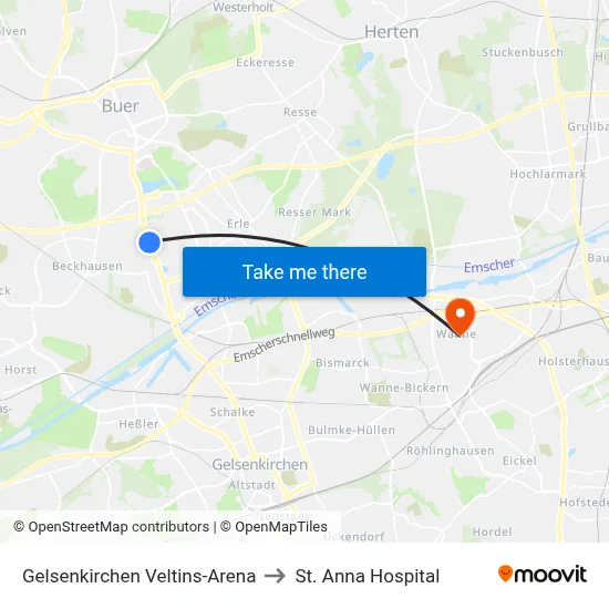 Gelsenkirchen Veltins-Arena to St. Anna Hospital map