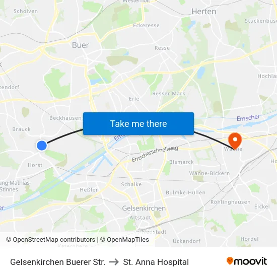 Gelsenkirchen Buerer Str. to St. Anna Hospital map